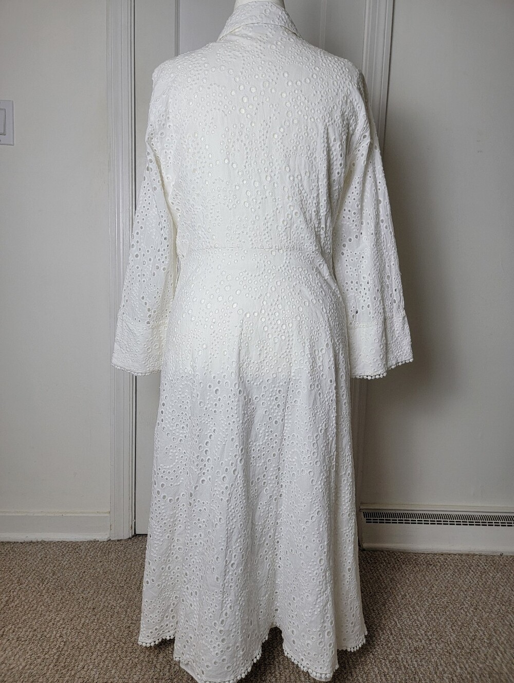 Zara 46"L Midi White Dress Metal Buttons Embroidered Eyelets Belt, Lined, Sz XL - Picture 9 of 16